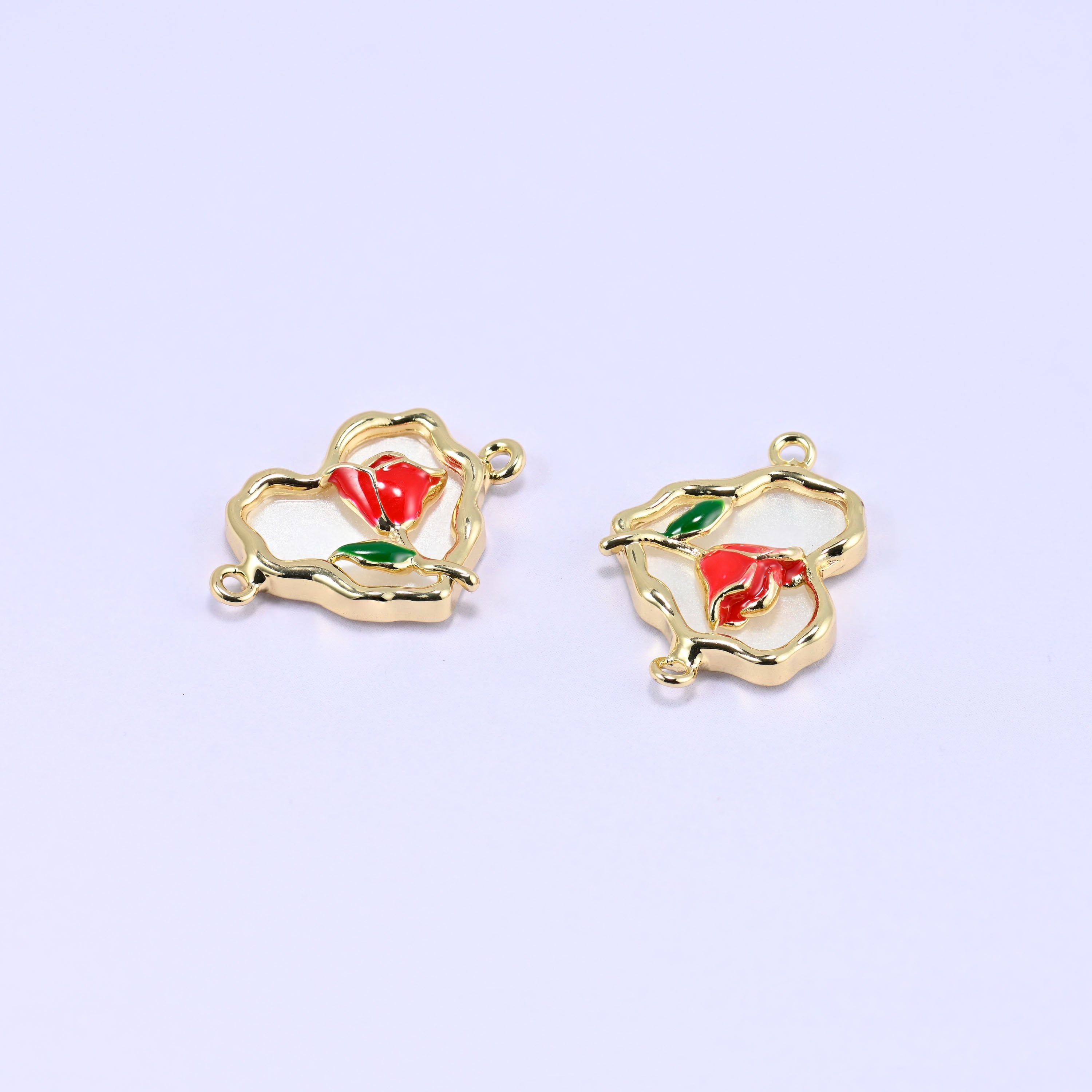Enamel Heart Rose Double Connector Pendant, sold per piece