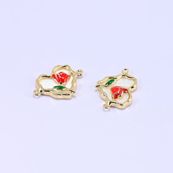 Enamel Heart Rose Double Connector Pendant, sold per piece