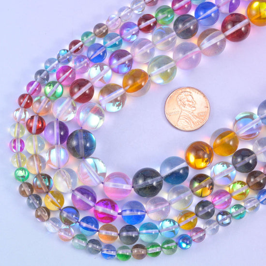 Iridescent rainbow glass beads, 15 inch strand