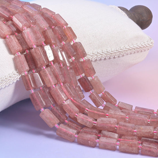 Pink Strawberry Quartz faceted tube cylinder beads, sleek modern shape with natural colour variation