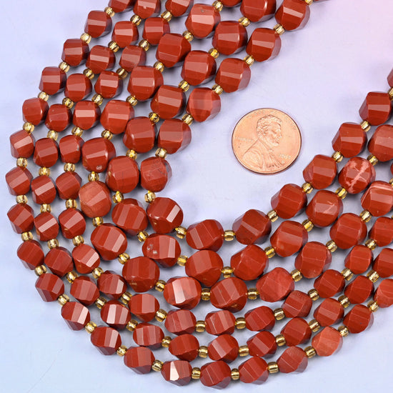 Faceted spiral twist cut natural red jasper beads for jewelry making.
