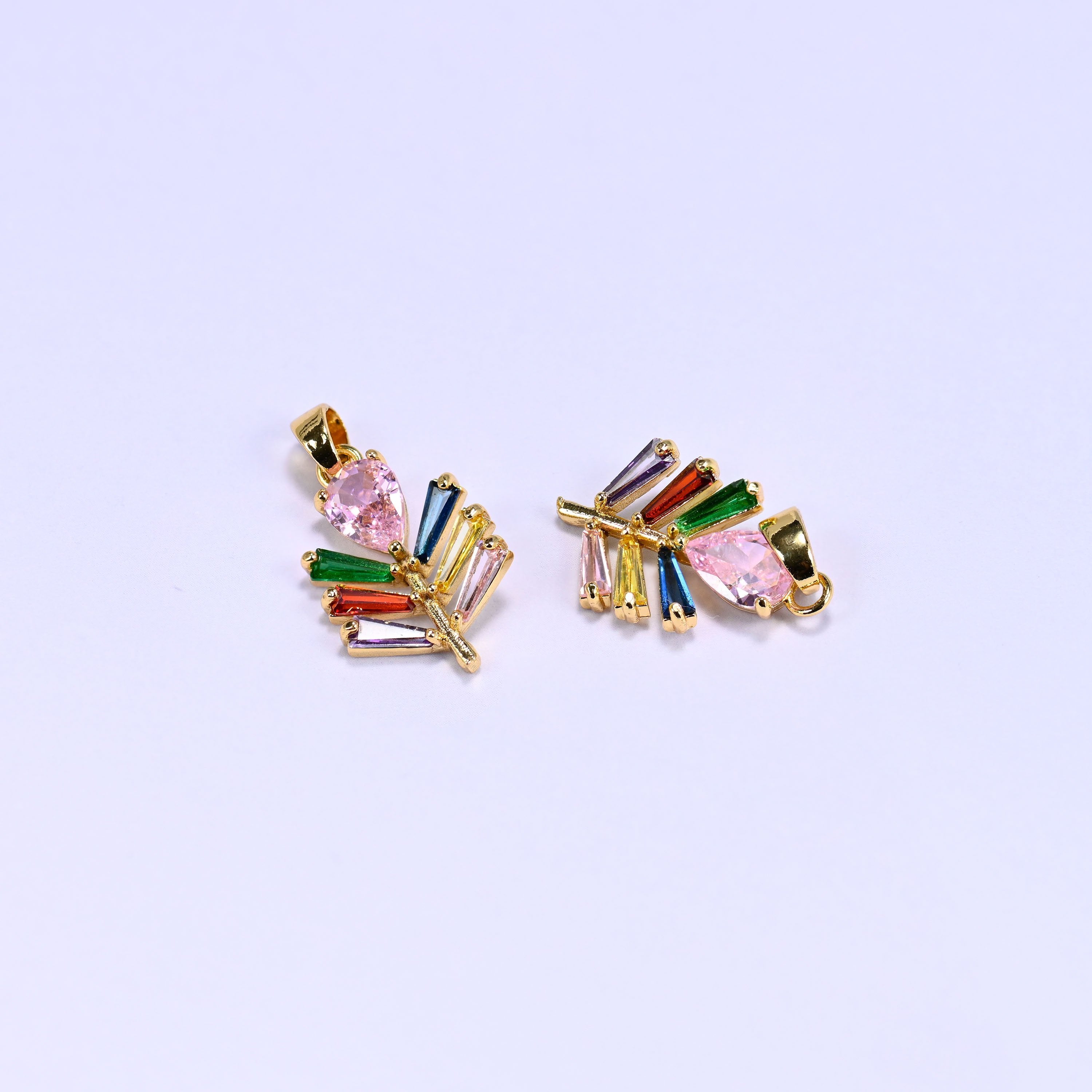 18K Gold Plated Brass Leaf Charm Pendant with a pear-cut pink zircon top and multicolor baguette zircon veins fanning out along a gold stem