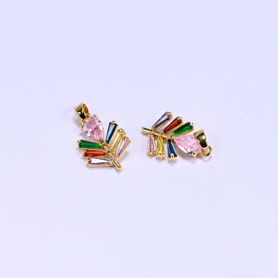 18K Gold Plated Brass Leaf Charm Pendant with a pear-cut pink zircon top and multicolor baguette zircon veins fanning out along a gold stem
