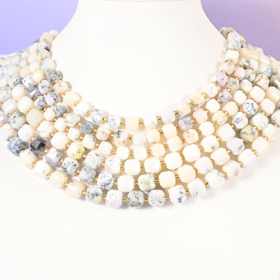 White Opal beads, faceted cube, 6mm and 8mm