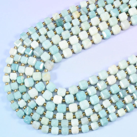 Blue Amazonite Faceted Cube Beads 6mm 8mm, approximately 15 inches