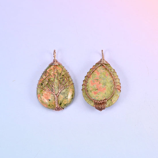Teardrop Crystal Pendant with Copper Wired Tree in unakite, front and reverse pair showing how the copper wire crosses the back of the cabochon.