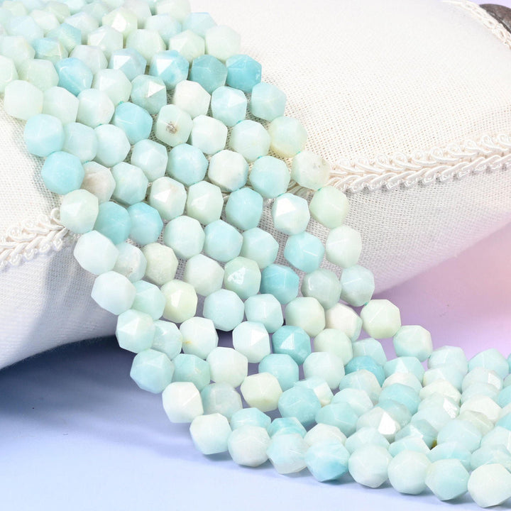 Blue Amazonite diamond star cut beads in soft turquoise-blue with white feldspar streaking