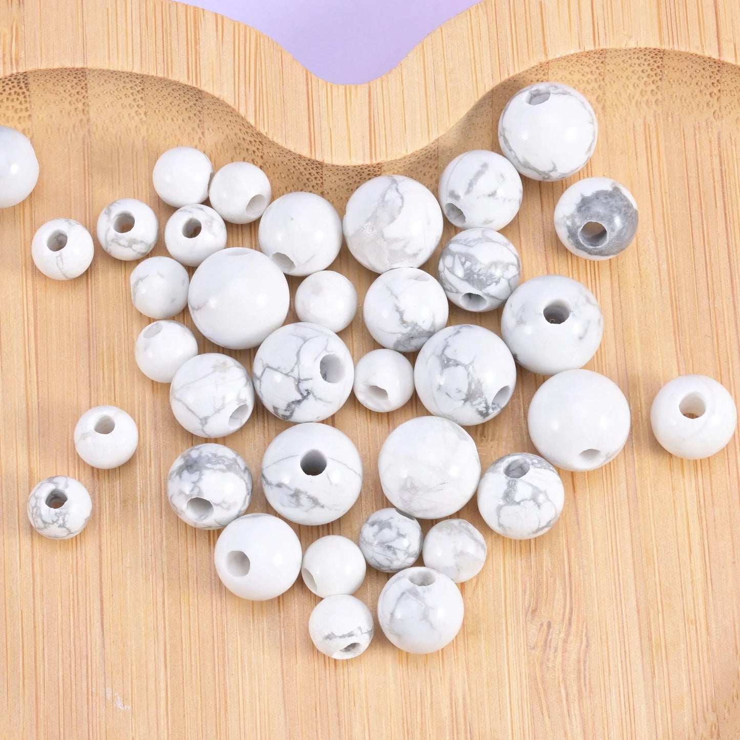 White Howlite Large Hole Round Beads 6mm 8mm 10mm in chalk white with grey web veining