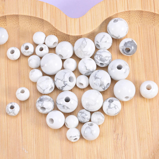 White Howlite Large Hole Round Beads 6mm 8mm 10mm in chalk white with grey web veining