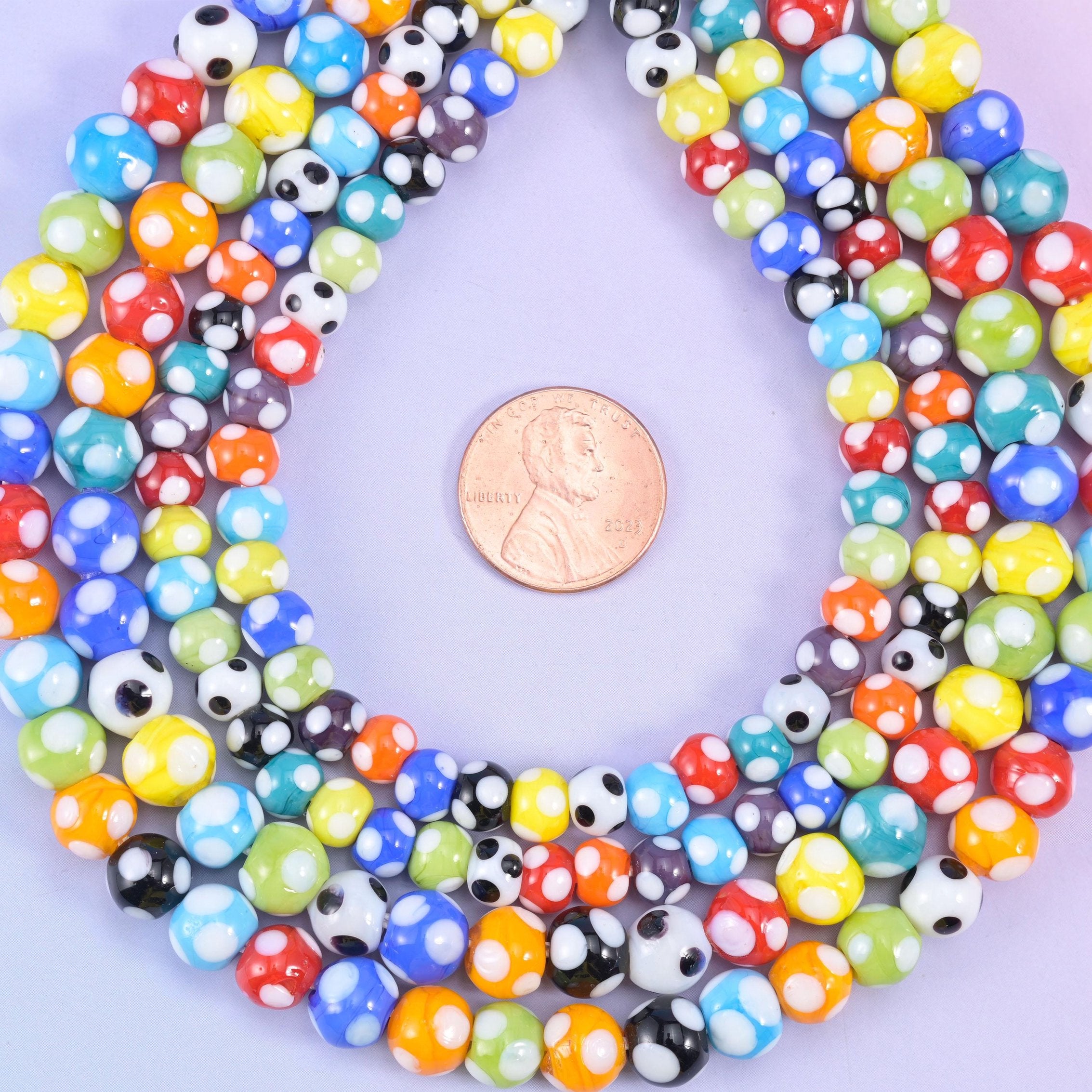 Multi-Color Spotted Round Glass Beads, opaque glossy rounds in postbox red, cobalt, sunshine yellow, orange, apple green, black, white and grey