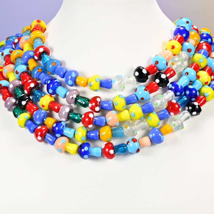 Multi-colour lampwork mushroom glass beads, mixed sizes