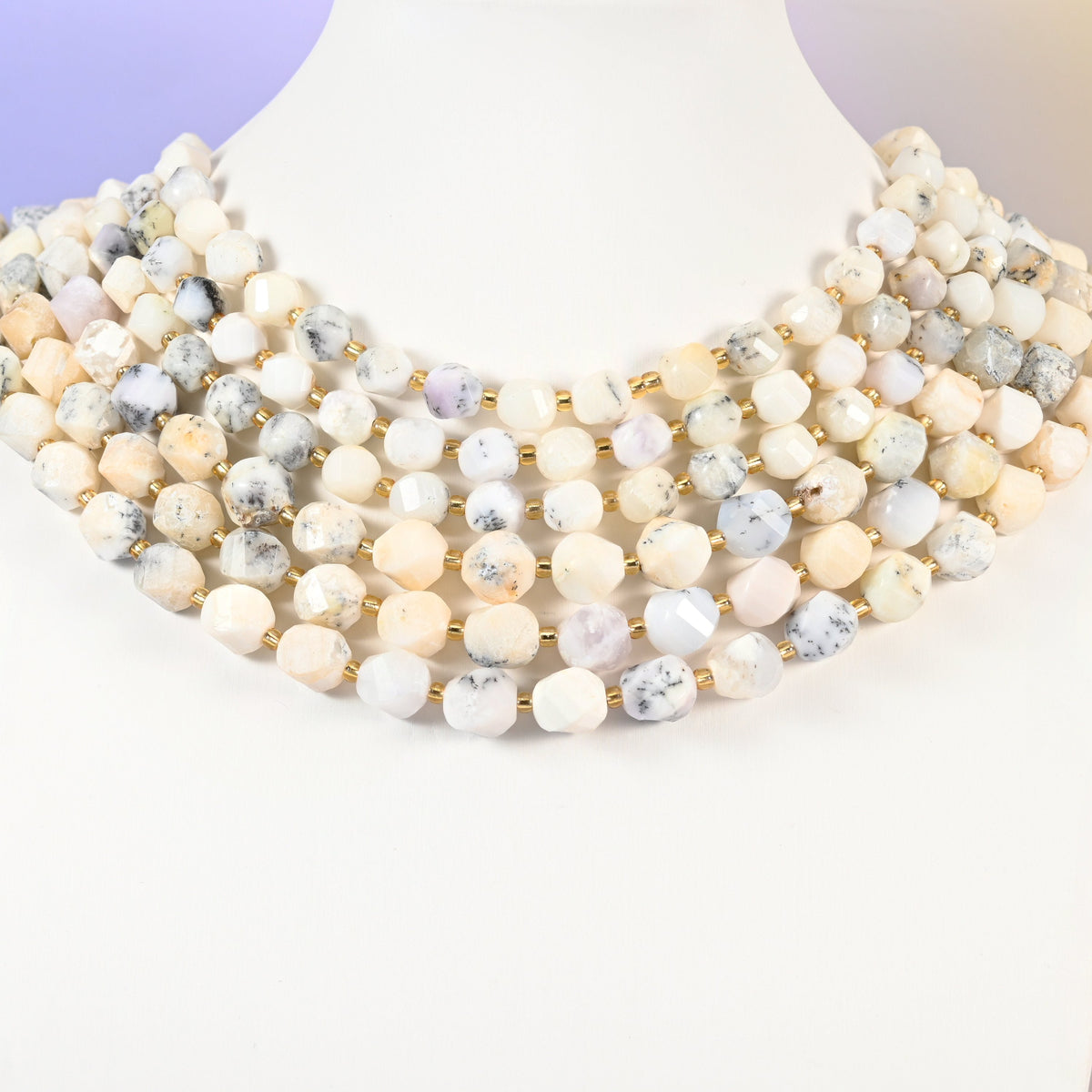 White Opal beads, faceted spiral twist, 8mm 10mm