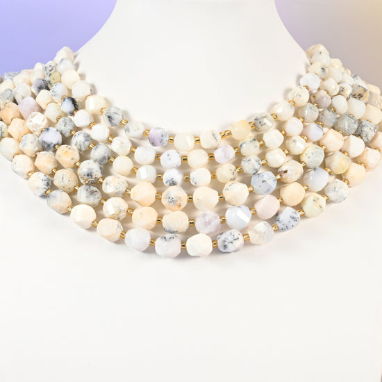 White Opal beads, faceted spiral twist, 8mm 10mm