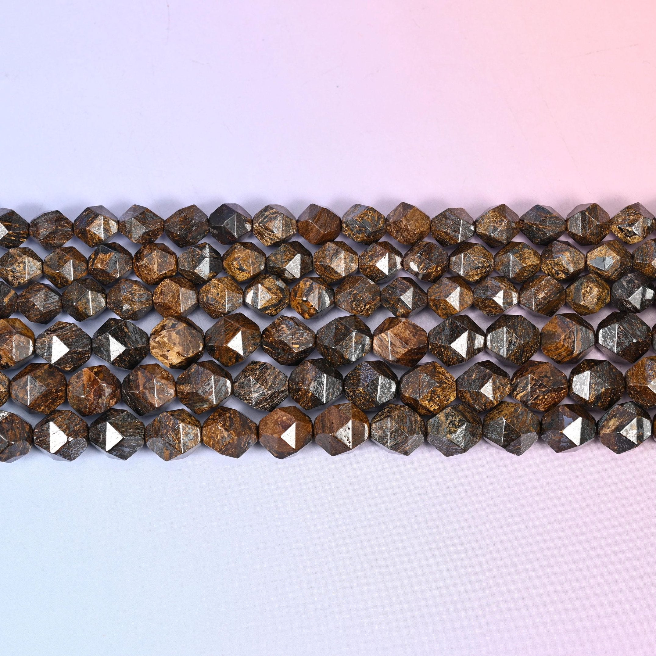 Bronzite Faceted Diamond Star Beads 6mm 8mm 10mm in bronze brown with tan, cocoa and grey-gold mottling