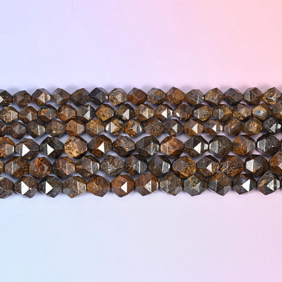 Bronzite Faceted Diamond Star Beads 6mm 8mm 10mm in bronze brown with tan, cocoa and grey-gold mottling
