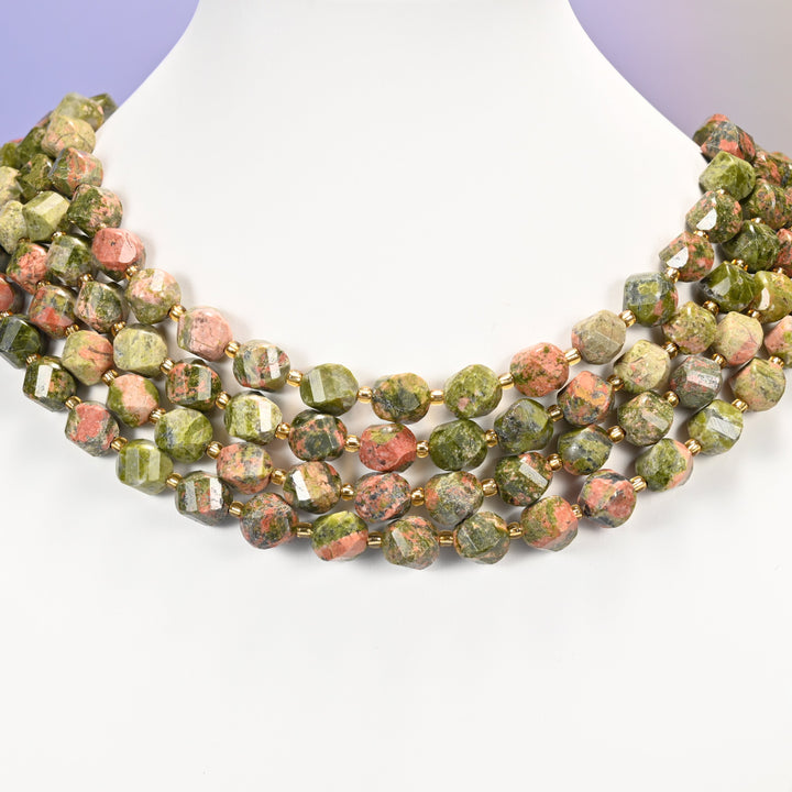 Unakite faceted spiral twist natural stone beads in olive green and salmon pink, 10mm