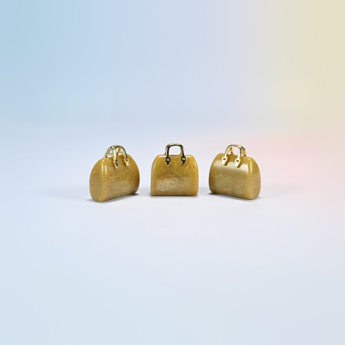 Three yellow jade purse crystal carvings, 1 inch, honey yellow natural stone, gold-tone handle