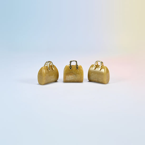 Three yellow jade purse crystal carvings, 1 inch, honey yellow natural stone, gold-tone handle