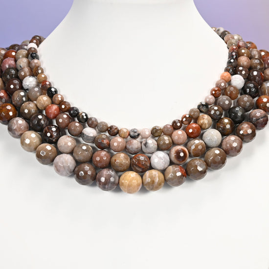 Petrified wood beads, faceted round, 6mm to 12mm