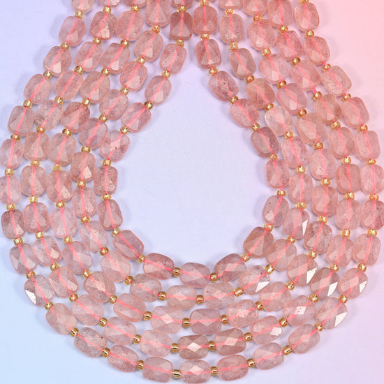 Strawberry quartz faceted rectangular beads with softened corners and shallow facets