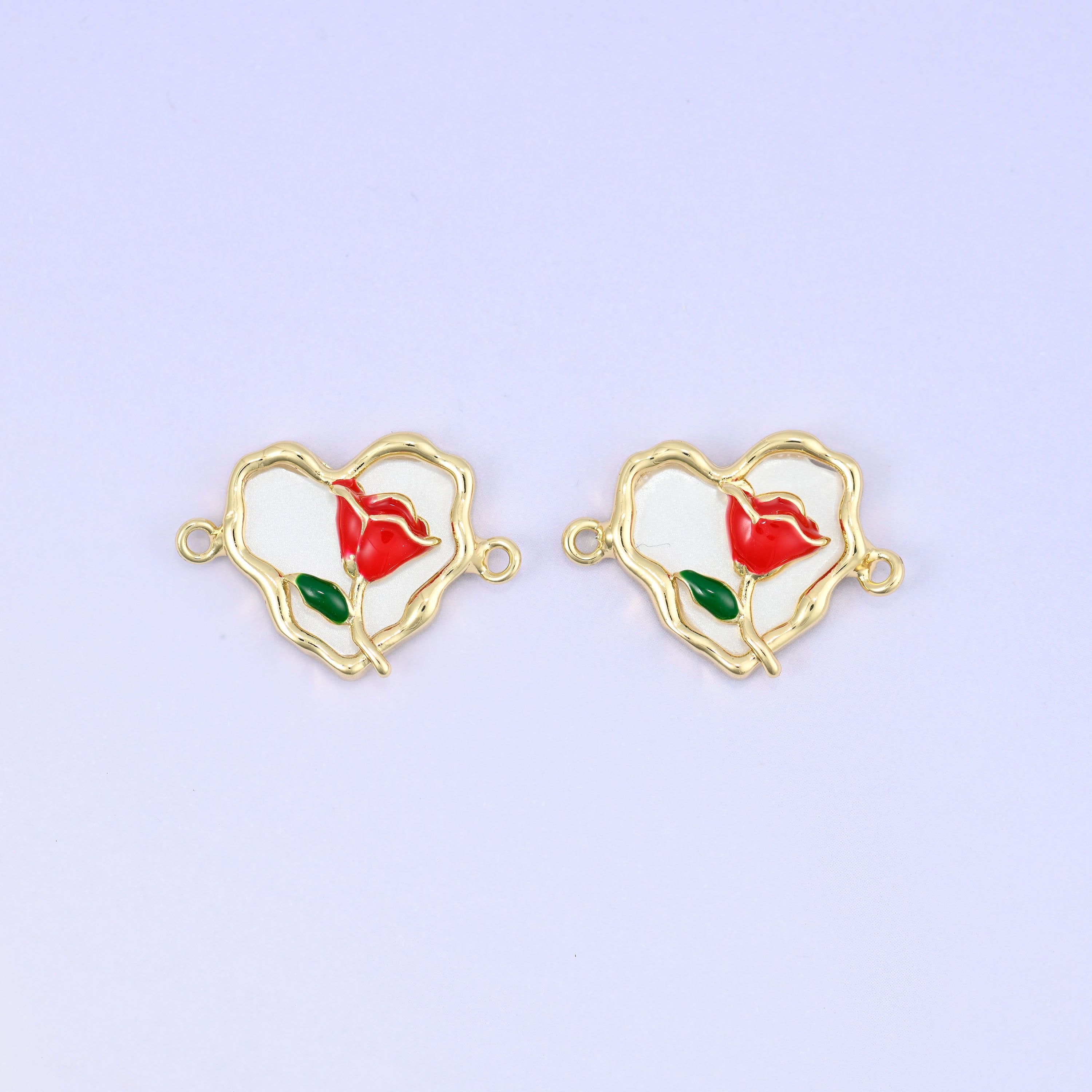 Enamel Heart Rose Double Connector Pendant, approximately 20.06x14.13mm