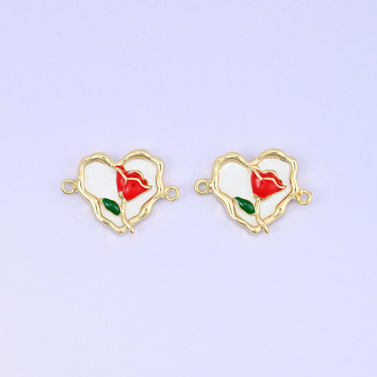 Enamel Heart Rose Double Connector Pendant, approximately 20.06x14.13mm