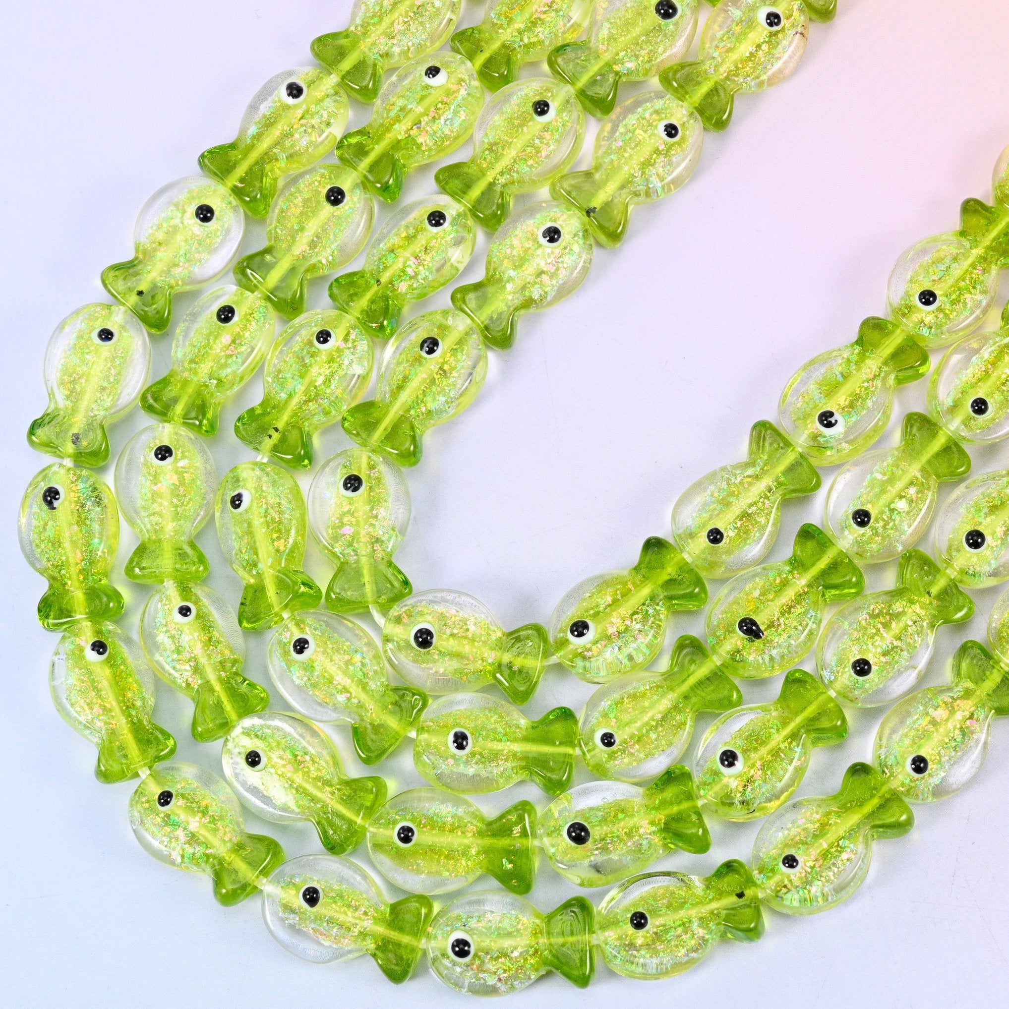 Iridescent Lime Green Fish Glass Beads, 15.5 inch strand