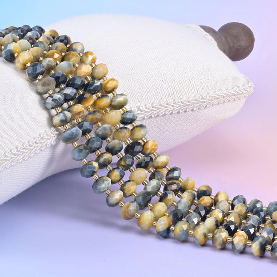 Gold Blue Dream Tiger Eye faceted rondelle beads in honey gold and slate blue-grey