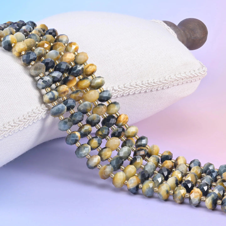 Gold Blue Dream Tiger Eye faceted rondelle beads in honey gold and slate blue-grey