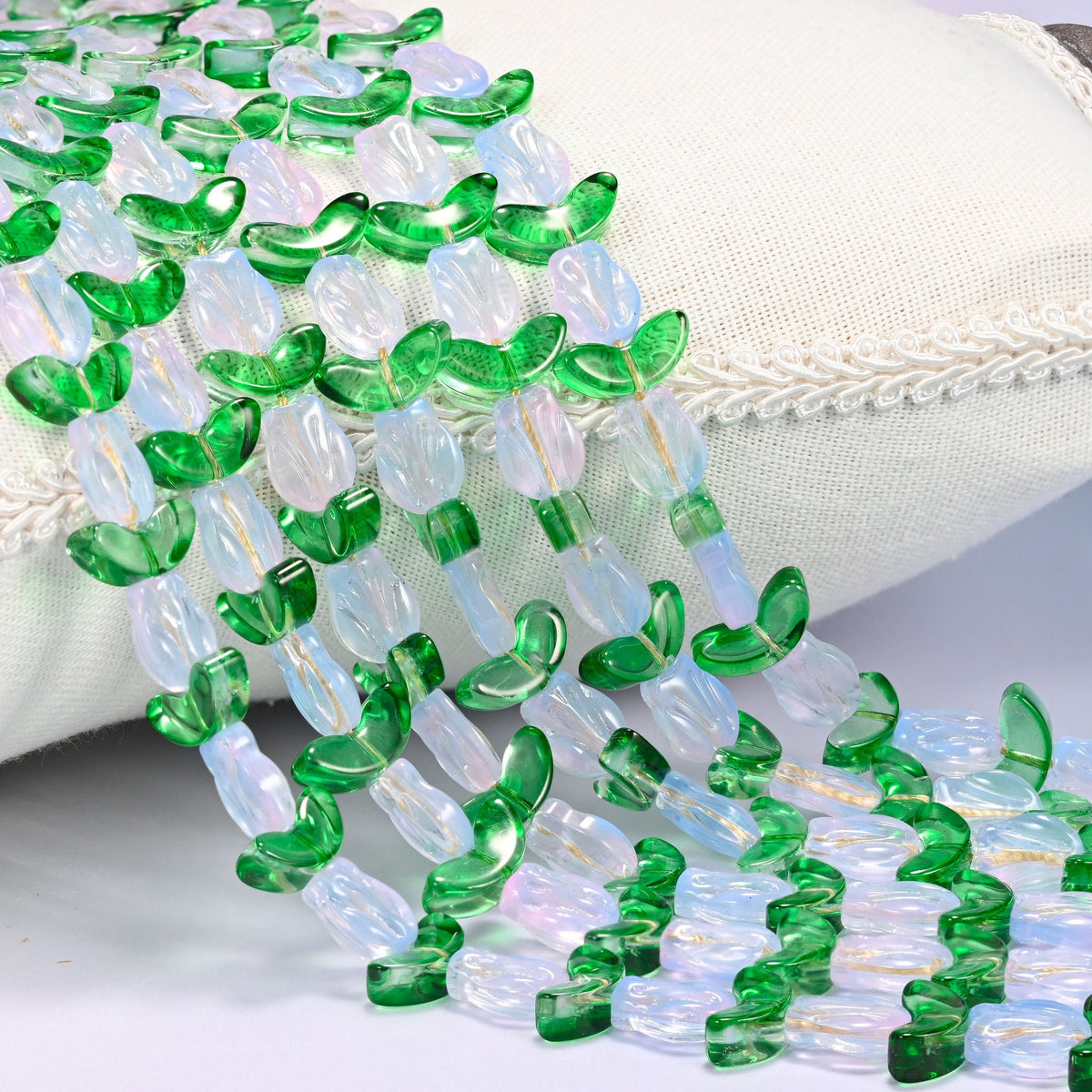 White Tulip Flower Glass Beads with Leaf, pressed glass.