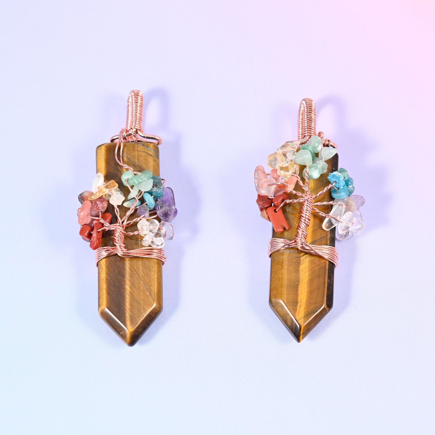 Copper Wired Gemstone Chip Tree Point Pendant, sold per piece
