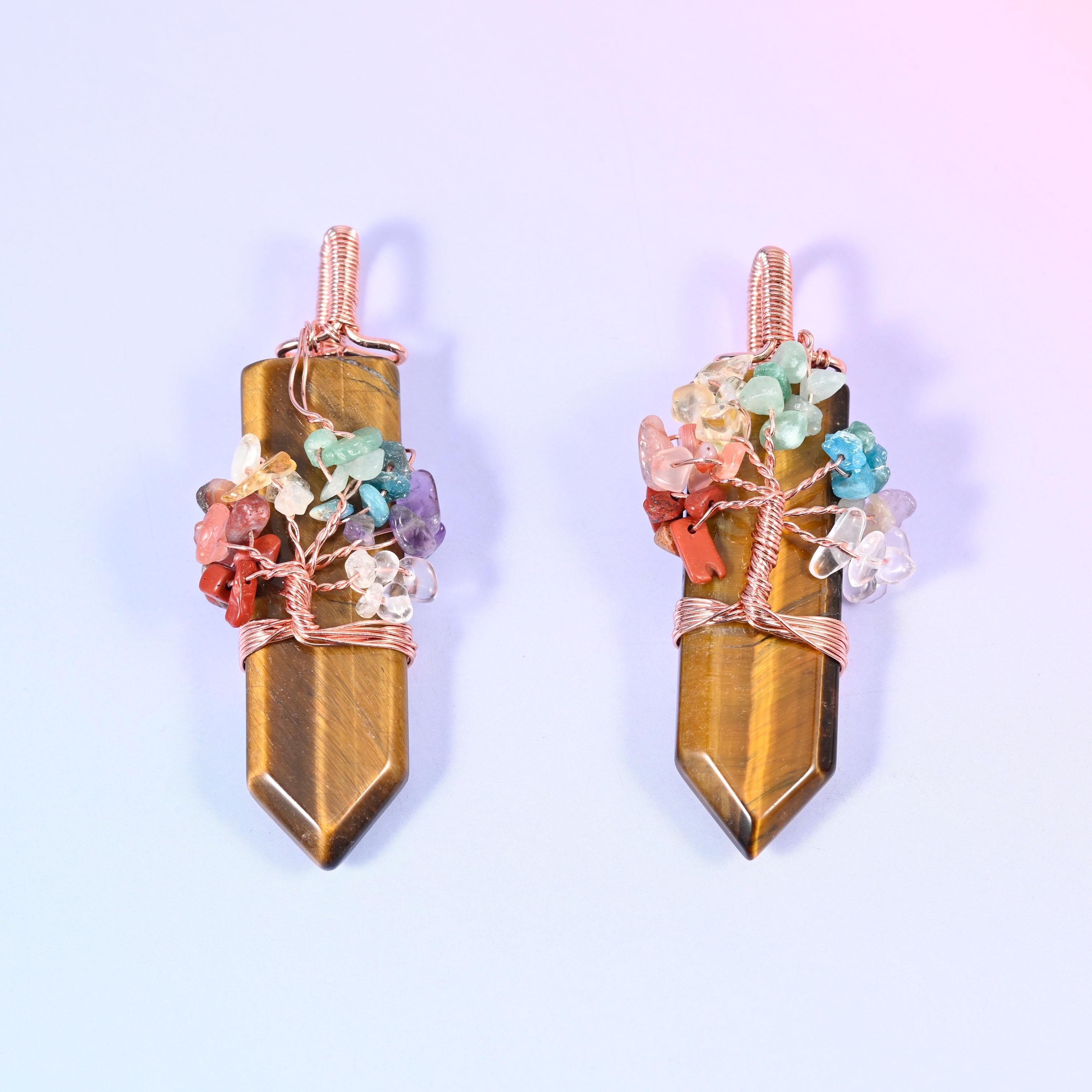 Copper Wired Gemstone Chip Tree Point Pendant, sold per piece