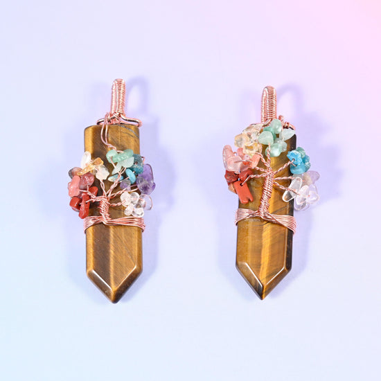 Copper Wired Gemstone Chip Tree Point Pendant, sold per piece