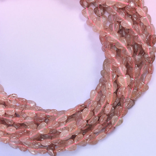 Strawberry Quartz Heart Beads, translucent dusty rose threaded with fine rust-red inclusions