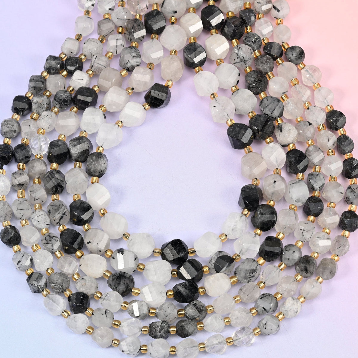 Black Rutilated Quartz Faceted Spiral Twist Beads 8mm 10mm, hole approximately 1.2mm with a +/- 0.2mm variation