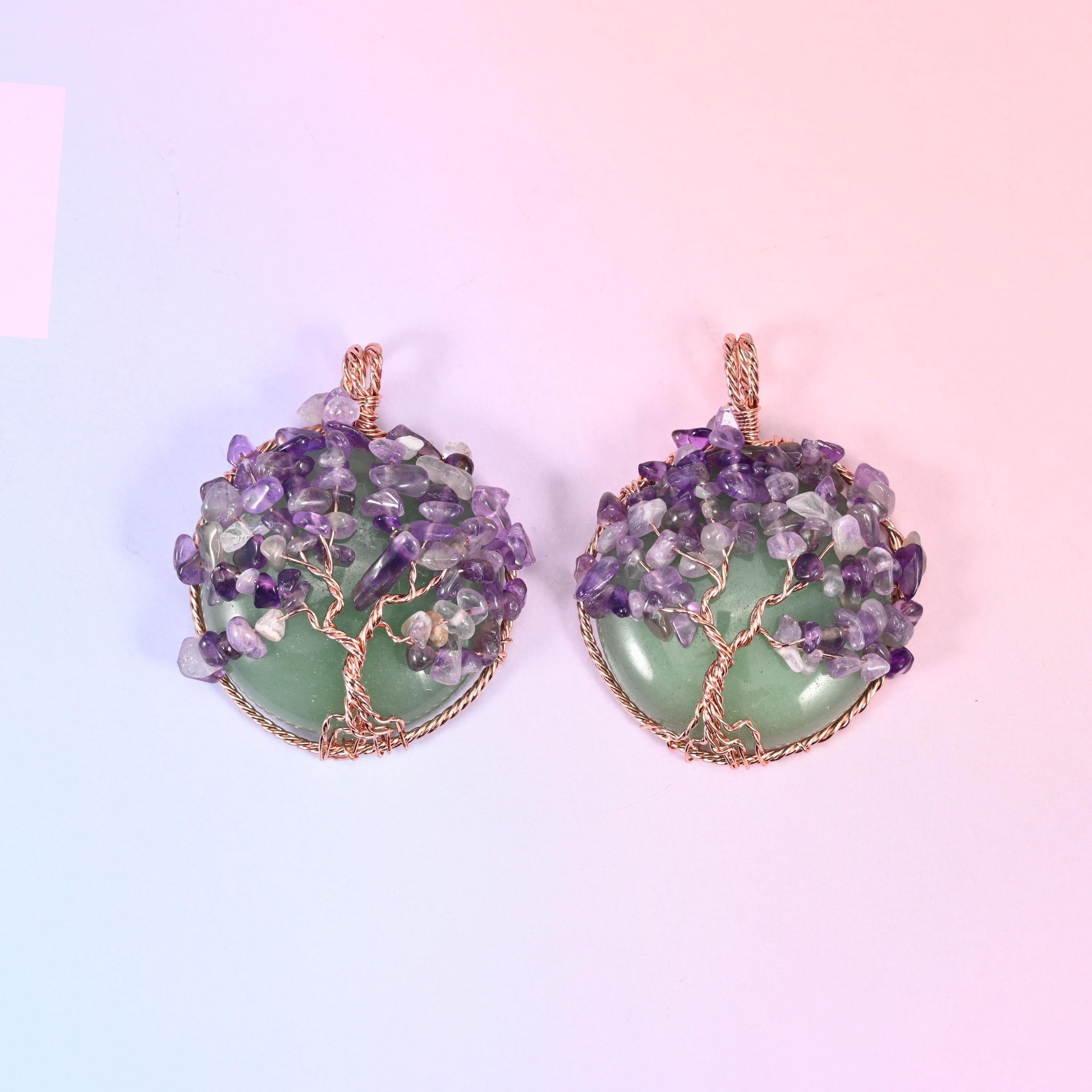 Gemstone Round Pendant with Copper Wired Tree of Life, a flat polished stone disc backed by a copper-toned wire frame