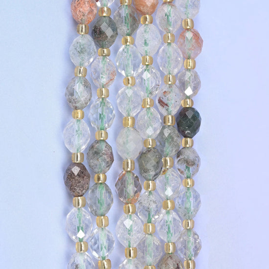 Green Phantom Quartz Faceted Rice Barrel Beads, 15.5 inch strand
