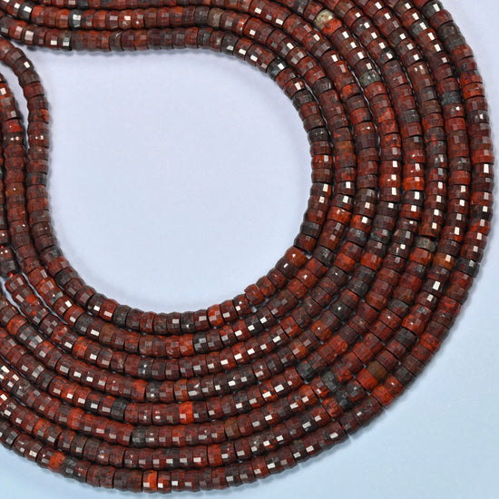 Zhanguo red agate faceted heishi disc beads curved into an open loop, brick red, dark brown and black beads