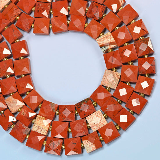 Natural flower red jasper faceted flat square beads curved into an open loop, brick red beads with cream flower patches