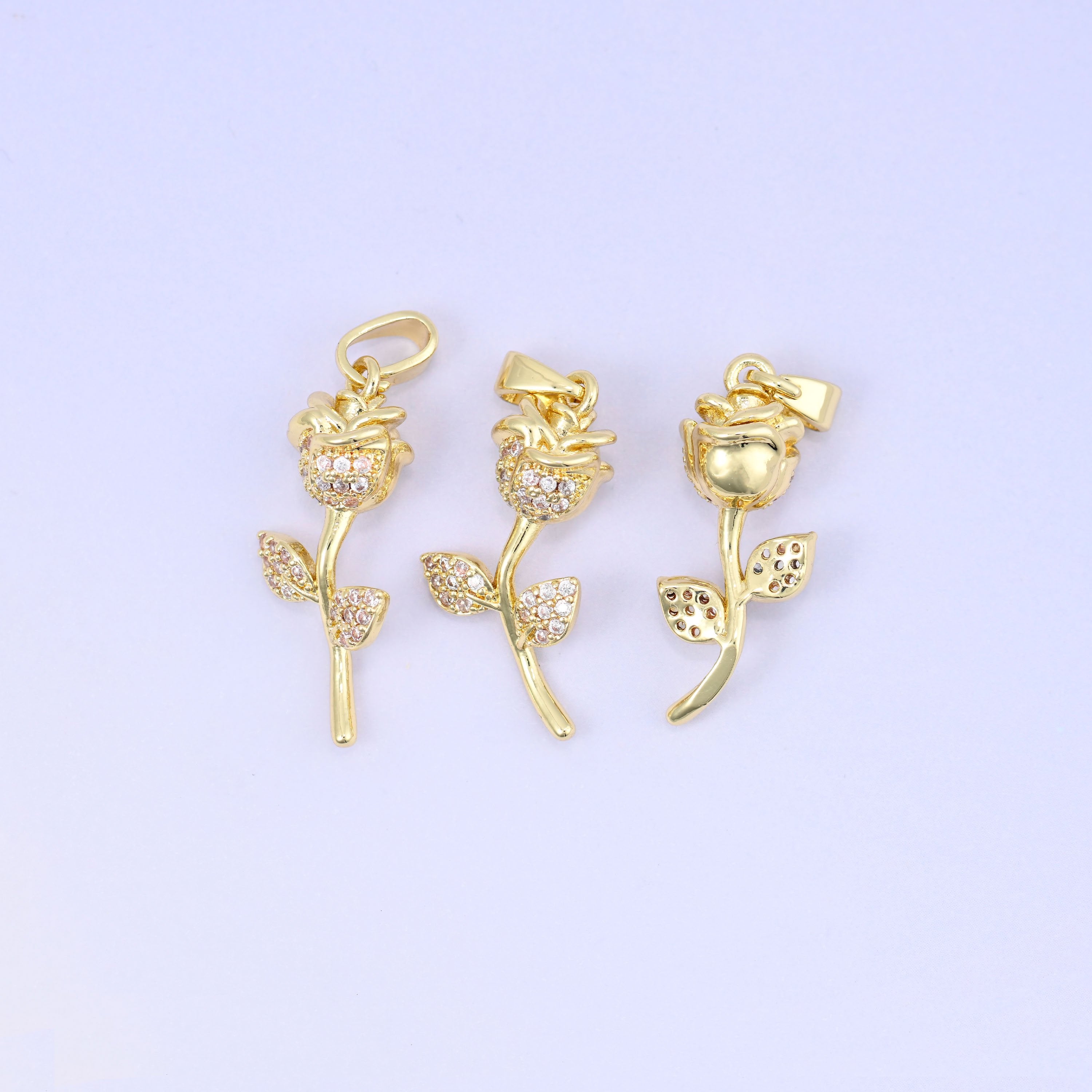 Gold Rose Flower Zircon Charms: 18K Gold Plated Pendants, Jewelry Making Supply