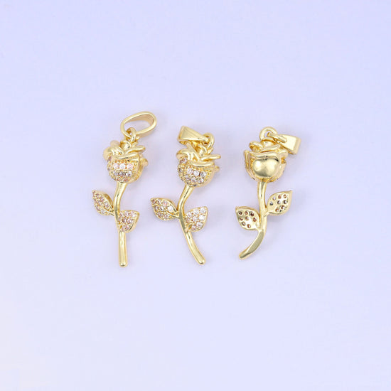 Gold Rose Flower Zircon Charms: 18K Gold Plated Pendants, Jewelry Making Supply