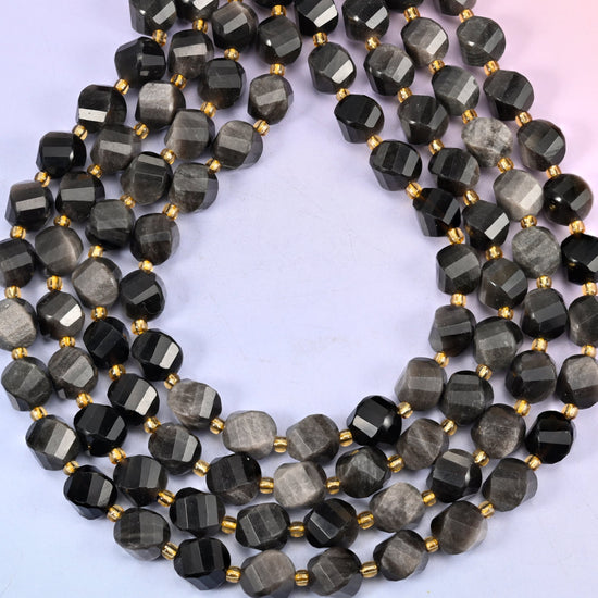 Silver Obsidian natural stone beads, 15 inch strand of approximately 31 beads, centre drilled 1.2mm hole
