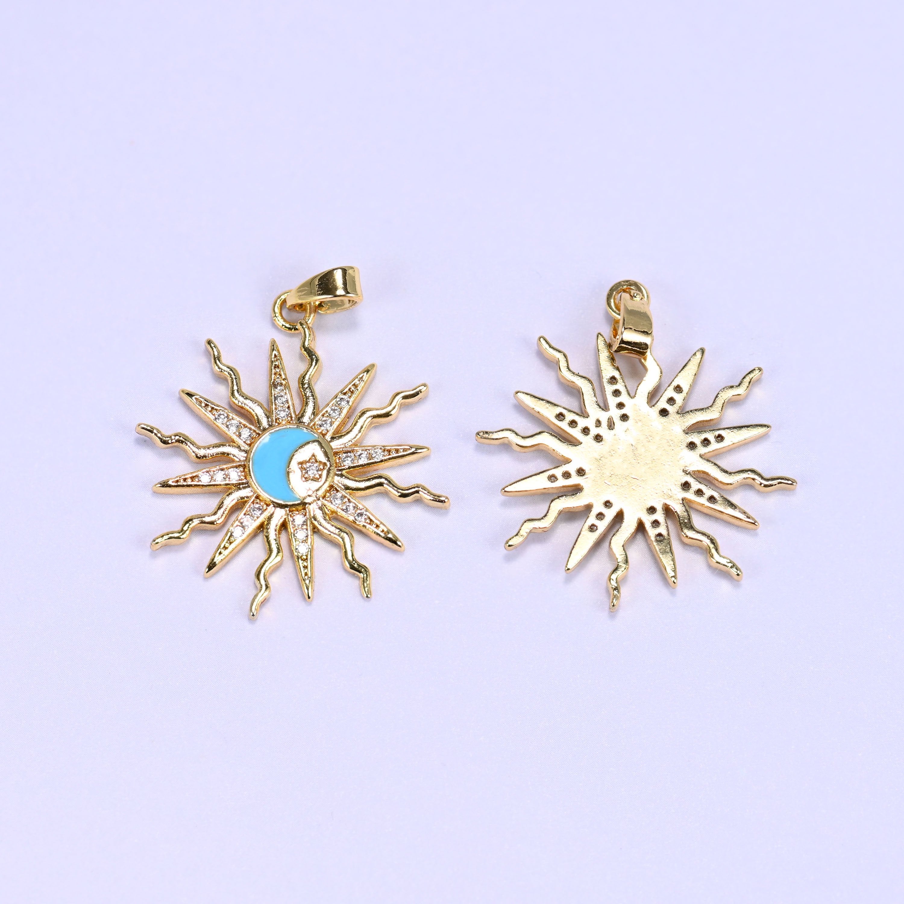 18K Gold Plated Brass Sun Moon Star Charm Pendant with wavy zircon-paved sun rays framing an enamel moon and star center