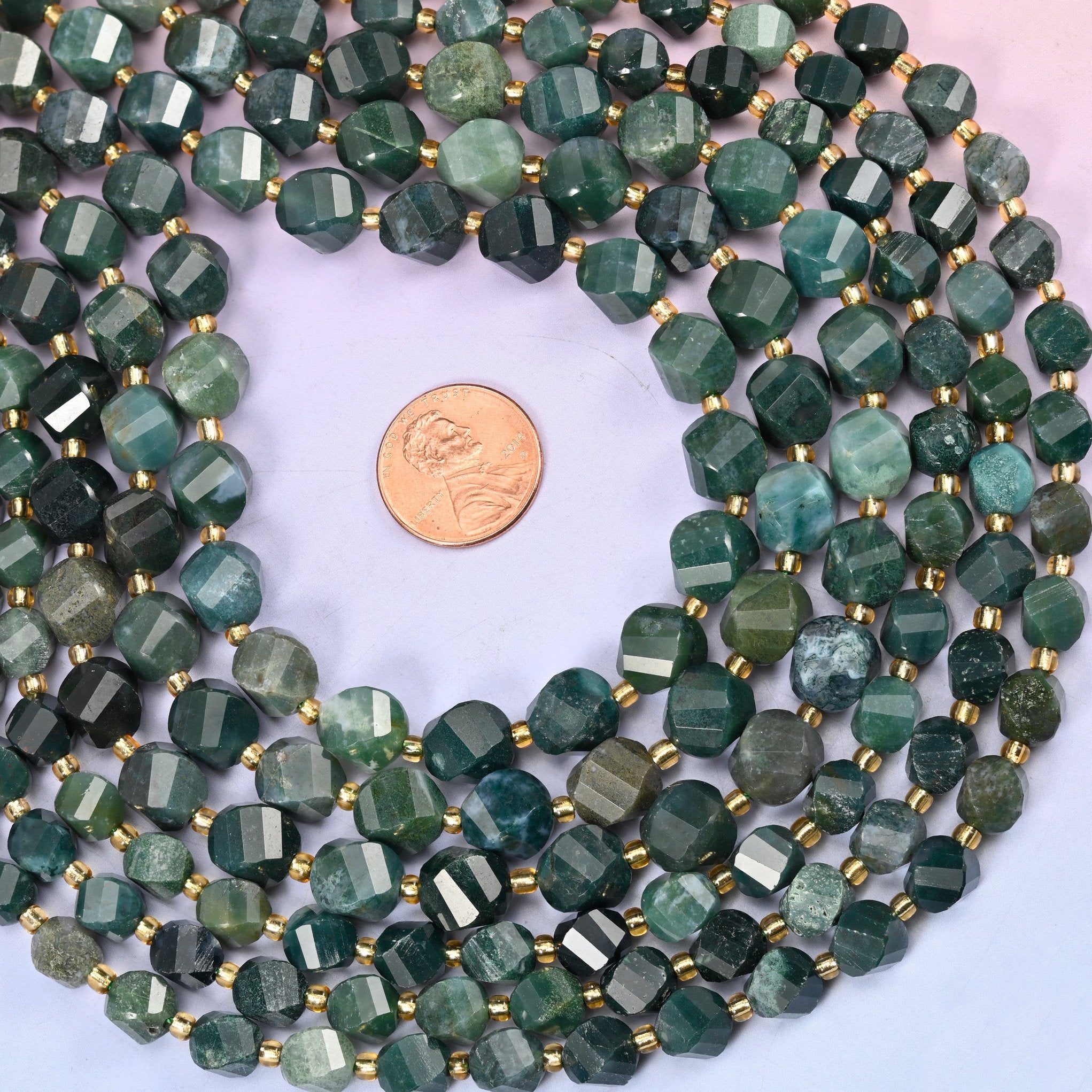 Moss Agate Faceted Spiral Twist Beads, deep pine and forest green, translucent in places and clouded in others