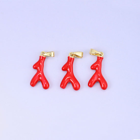 Red Coral Branch Enamel Charms: 18K Gold Plated Pendants, Jewelry Making Supply