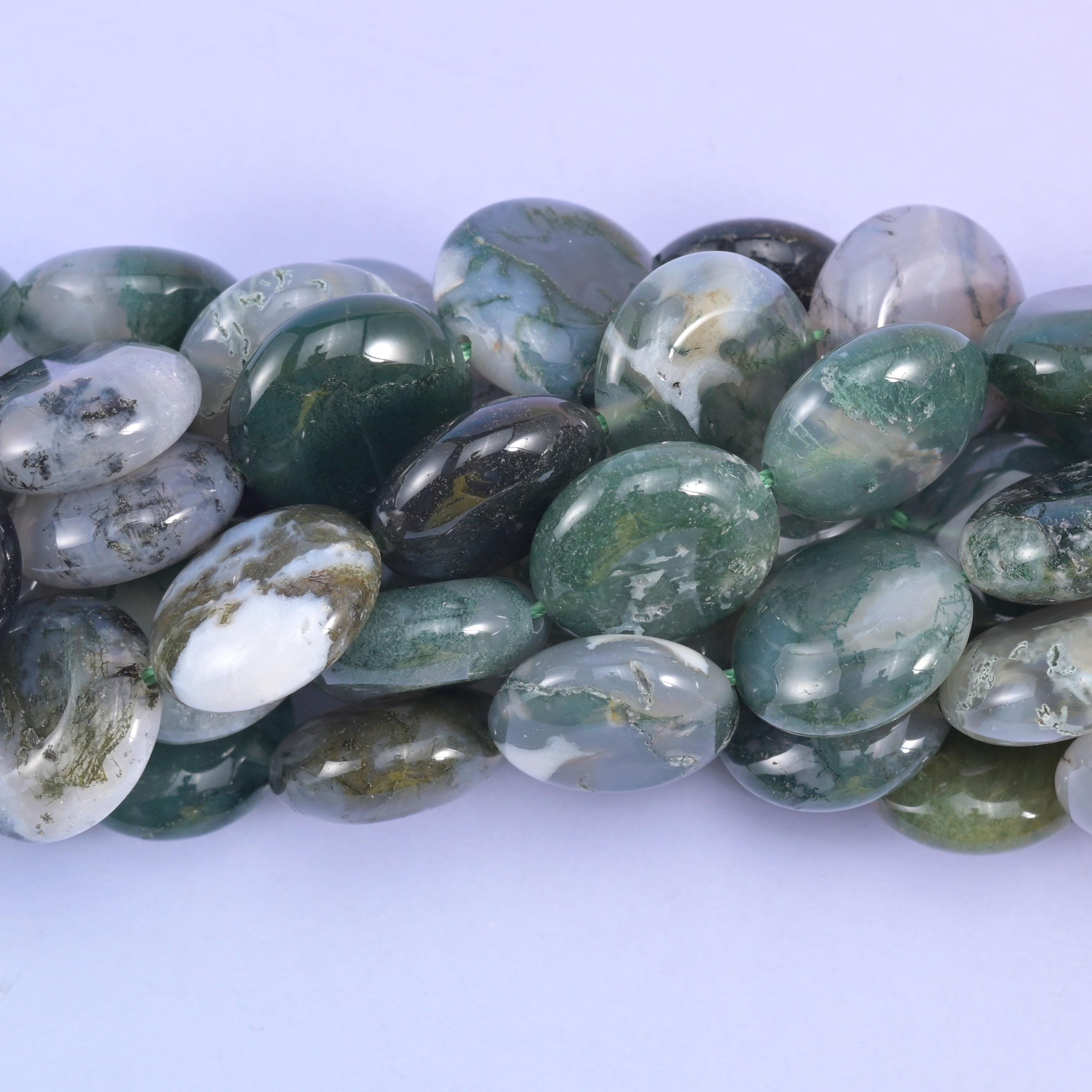 Coin cut Moss Agate beads with a smooth glassy finish