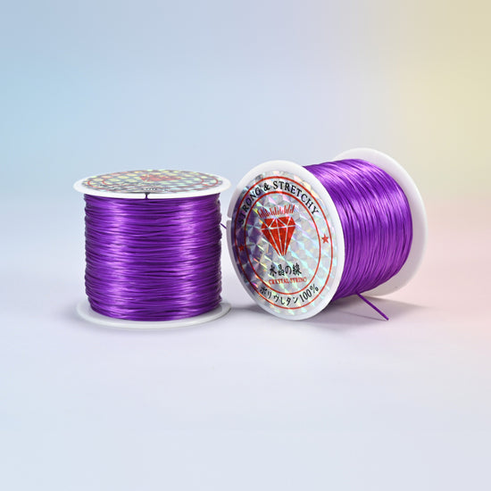 Two rolls of purple 0.7-0.8mm elastic stretch string, glossy polyurethane bead cord with a holographic label