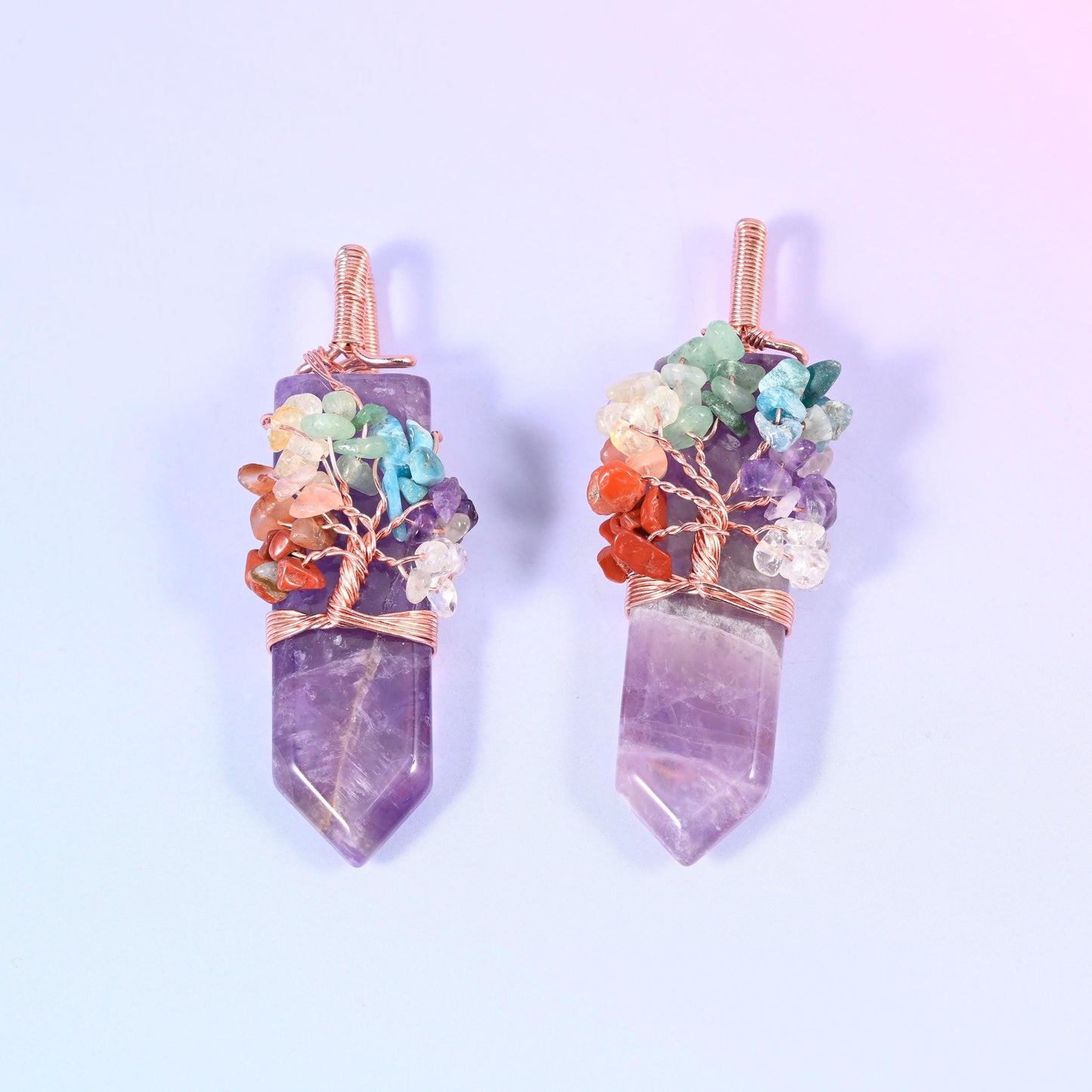 Copper Wired Gemstone Chip Tree Point Pendant with coral, aqua, olive and violet gemstone chips