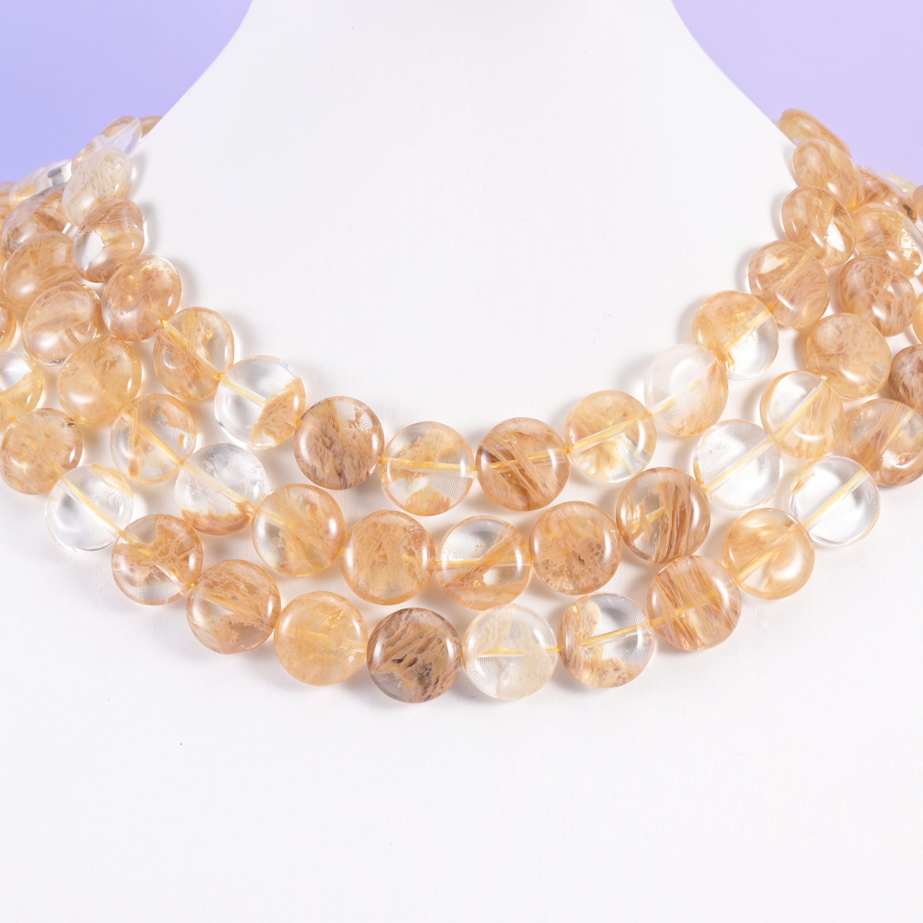 Yellow watermelon quartz coin beads, smooth round shape, 15mm