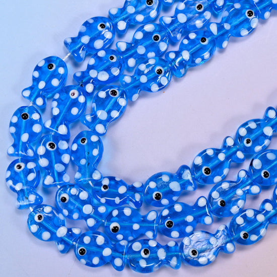 Transparent Blue with White Dot Fish Glass Beads, 15.5 inch strand